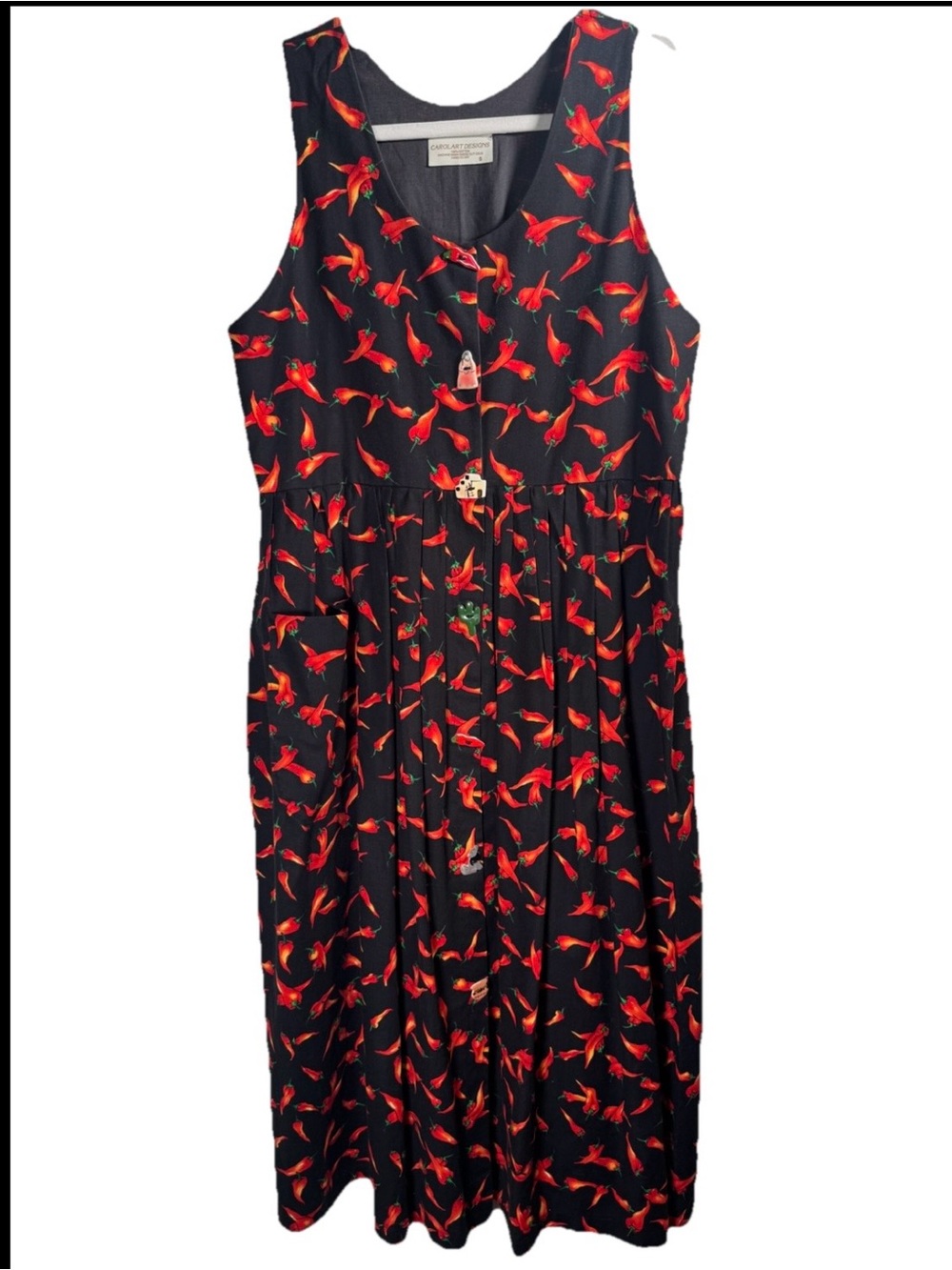 Carol Art Designs Dress Sz Small Black Sleeveless Chili Pepper Maxi Southwest